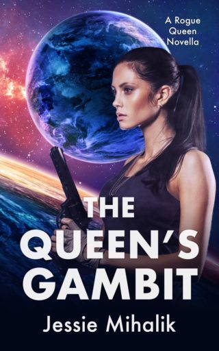 The Queen's Gambit Cover. Queen Samara with her hair up in a ponytail, wearing a black tank top and holding a gun in front of an alien planet.