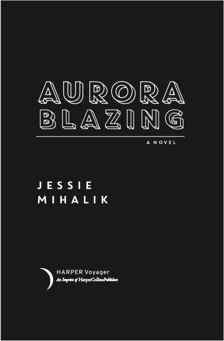Aurora Blazing Title Page with white text on a black background. Includes the title, my name, and a Voyager logo.