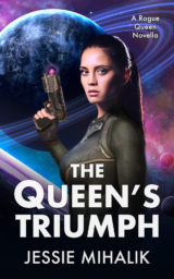 The Queens Triumph Cover. Queen Samara in battle armor, looking at the viewer, holding a gun in front of a planet with rings.