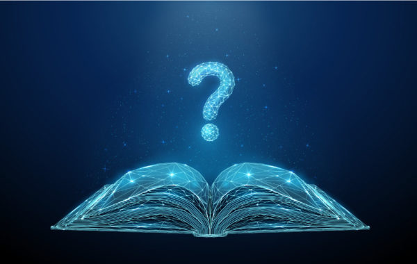 A blue outlined book with a blue question mark hovering over it.