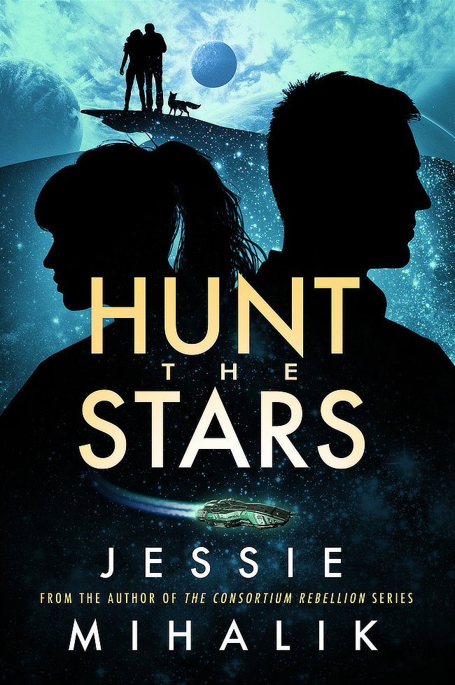 Hunt the Stars Cover. A woman with a ponytail and a man with short hair in silhouette in front of a blue background of stars and alien planets.