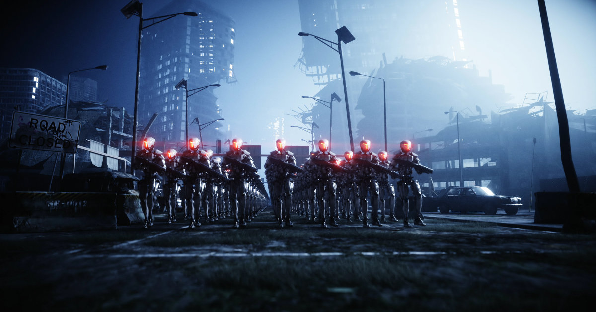 A dark, futuristic scene filled with sci-fi soldiers