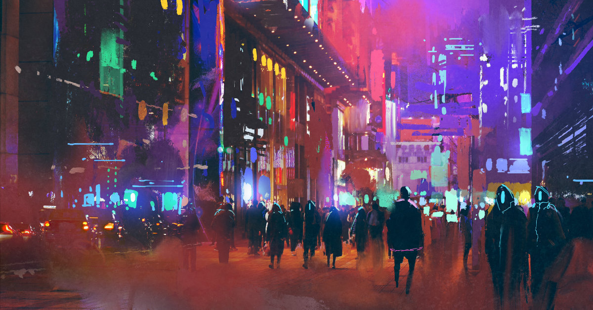 An illustrated, brightly colored futuristic city street