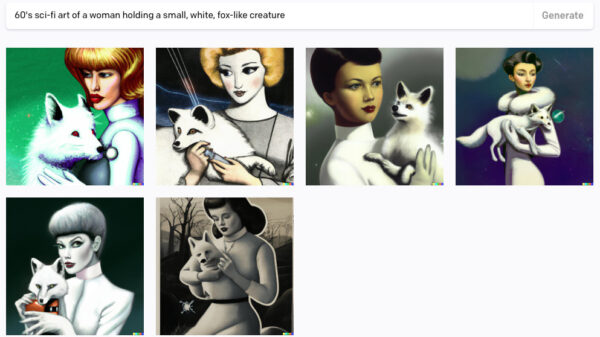 A grid of DALL·E images with women in white dresses holding a fox-like creature.