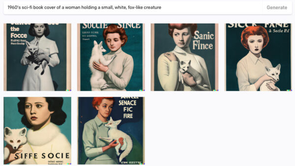 A grid of DALL·E images in the style of 1960's sci-fi, all kind of teal with pale women holding fox-like creatures. 