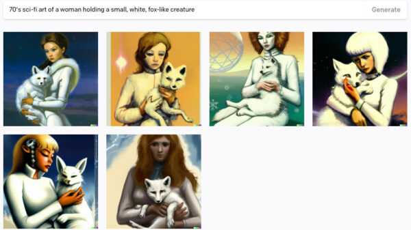 A grid of DALL·E images also featuring women in white dresses holding fox-like creatures, but a little softer and trippier.