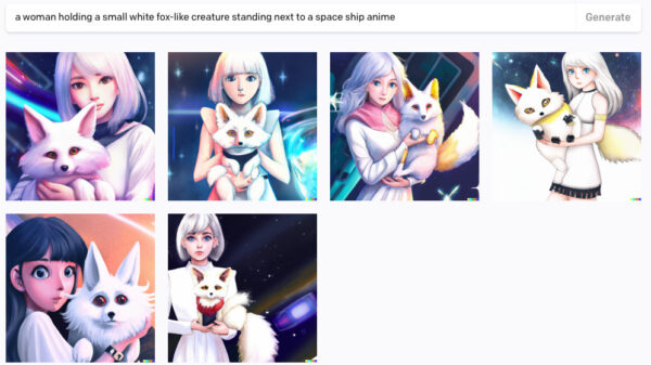 A grid of DALL·E images in an anime style with mostly silver-haired women holding up a fox-like creature.
