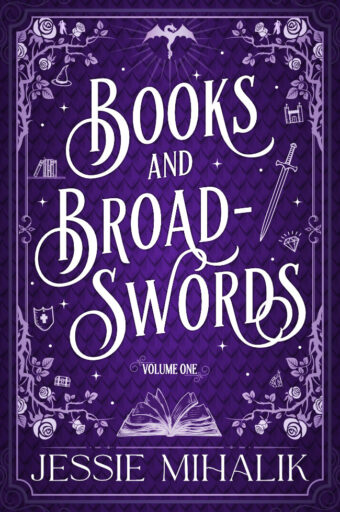 Books & Broadswords Volume One cover. A teal open book, broadsword, and decorative swirls cover a purple dragon-scale background.