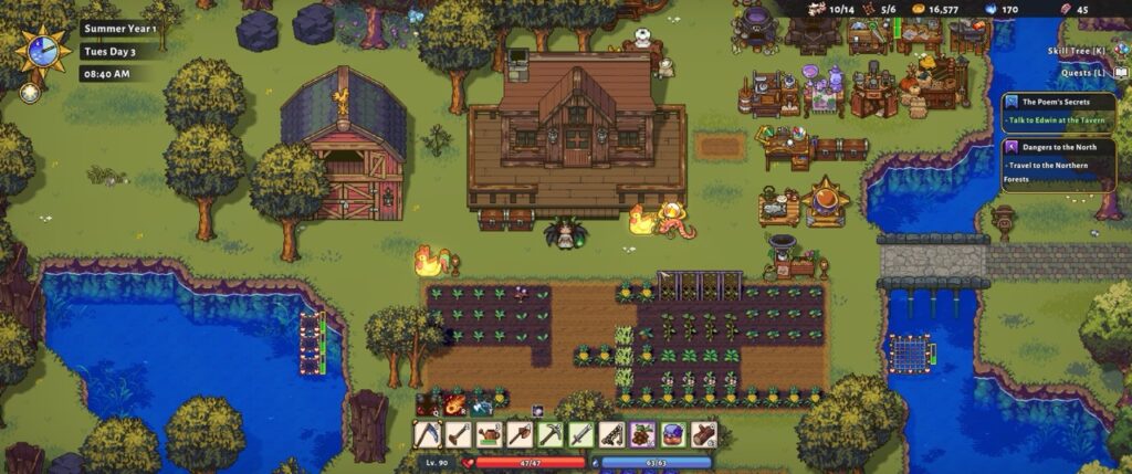 A screenshot of Sun Haven, with my little winged demon character standing in front of a house and above a planted field.